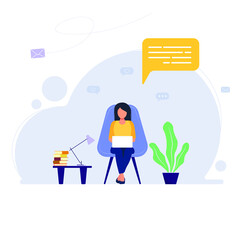 Vector illustration. Home office concept, woman working from home or student. Flat illustration.