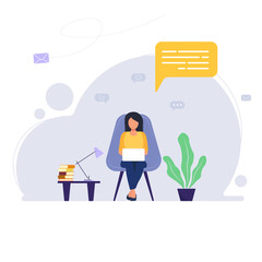 Vector illustration. Home office concept, woman working from home or student. Flat illustration.