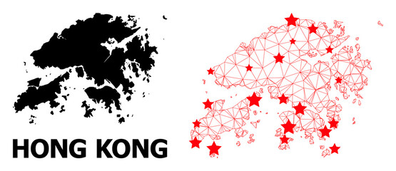 Carcass polygonal and solid map of Hong Kong. Vector model is created from map of Hong Kong with red stars. Abstract lines and stars form map of Hong Kong.