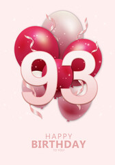 Happy 93rd birthday with realistic red and rosegold balloons on light rose background. Set for Birthday, Anniversary, Celebration Party. Vector stock.