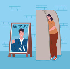 Elections day banner and woman in vote booth design, government theme Vector illustration