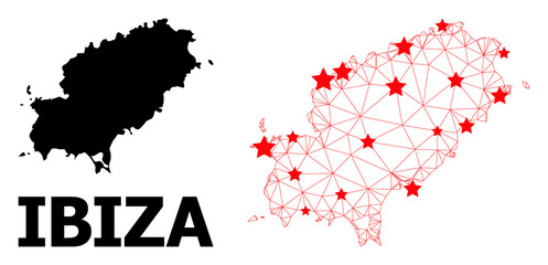 2D polygonal and solid map of Ibiza Island. Vector model is created from map of Ibiza Island with red stars. Abstract lines and stars form map of Ibiza Island.
