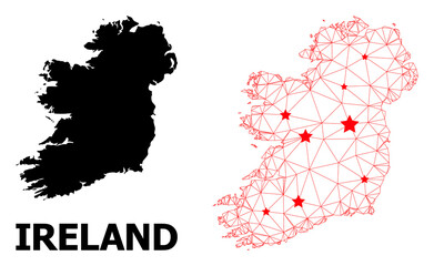 Wire frame polygonal and solid map of Ireland Island. Vector model is created from map of Ireland Island with red stars. Abstract lines and stars are combined into map of Ireland Island.