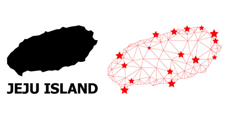 Wire frame polygonal and solid map of Jeju Island. Vector model is created from map of Jeju Island with red stars. Abstract lines and stars form map of Jeju Island.