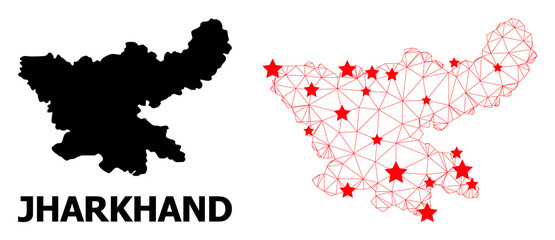 2D polygonal and solid map of Jharkhand State. Vector structure is created from map of Jharkhand State with red stars. Abstract lines and stars are combined into map of Jharkhand State.
