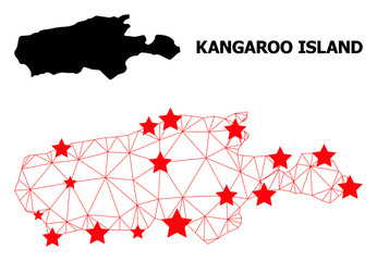 Wire frame polygonal and solid map of Kangaroo Island. Vector structure is created from map of Kangaroo Island with red stars. Abstract lines and stars are combined into map of Kangaroo Island.