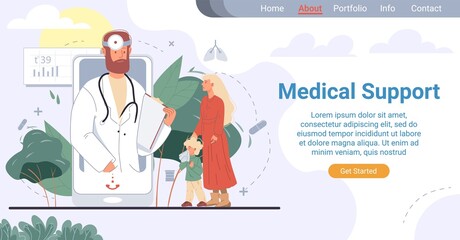 Online pediatrician medical support landing page. Healthcare family doctor service. Mother showing sick child suffering from runny nose to specialist on mobile phone screen. Telemedicine for kid