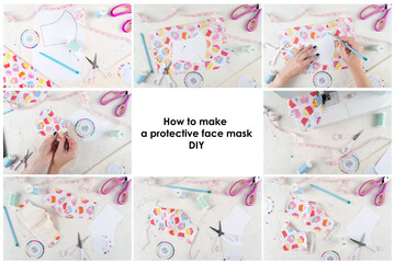 Instruction making protective face mask. Create sewing mask, step-by-step instructions. DIY handmade mask. Sewing tools and materials for anti-virus mask. Zero waste and coronavirus covid-19 concept