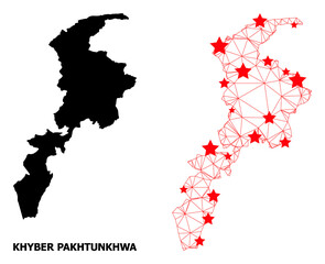 Obraz premium Network polygonal and solid map of Khyber Pakhtunkhwa Province. Vector structure is created from map of Khyber Pakhtunkhwa Province with red stars.