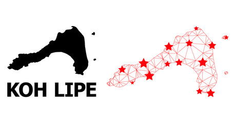 Carcass polygonal and solid map of Koh Lipe. Vector structure is created from map of Koh Lipe with red stars. Abstract lines and stars are combined into map of Koh Lipe.