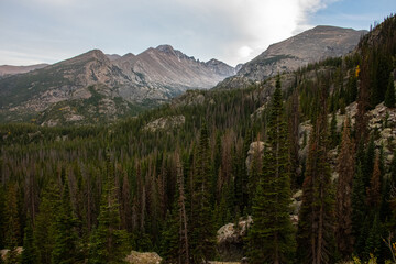 Mountain range in rocky mountain national park right outside of Estes Park in Colorado. Mountain peaks, a forest, and clouds can be seen. 
