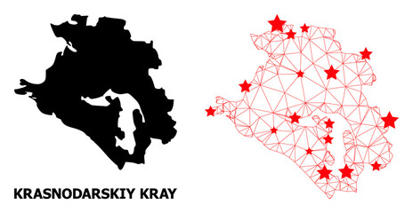 Obraz premium Network polygonal and solid map of Krasnodarskiy Kray. Vector model is created from map of Krasnodarskiy Kray with red stars. Abstract lines and stars are combined into map of Krasnodarskiy Kray.