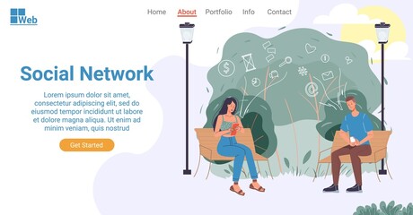 Social network in human life landing page design. Young man woman sitting on bench in park using smartphone for networking, earning money, training, mailing, chatting friend. Online communication