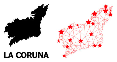 Mesh polygonal and solid map of La Coruna Province. Vector model is created from map of La Coruna Province with red stars. Abstract lines and stars are combined into map of La Coruna Province.