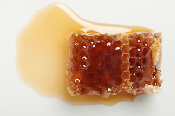 Slice of gold color honey in comb