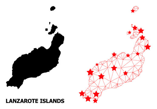 Wire frame polygonal and solid map of Lanzarote Islands. Vector model is created from map of Lanzarote Islands with red stars. Abstract lines and stars are combined into map of Lanzarote Islands.