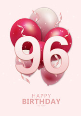 Happy 96th birthday with realistic red and rosegold balloons on light rose background. Set for Birthday, Anniversary, Celebration Party. Vector stock.