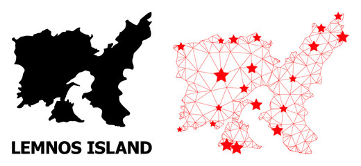 Obraz premium Mesh polygonal and solid map of Lemnos Island. Vector model is created from map of Lemnos Island with red stars. Abstract lines and stars are combined into map of Lemnos Island.