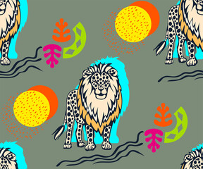 Vector background hand drawn exotic wild cat lion. Hand drawn ink illustration. Modern ornamental decorative background. Print for textile, cloth, wallpaper, scrapbooking