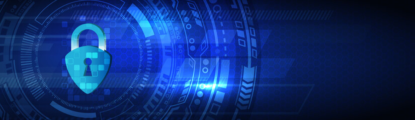 Protection from virus attack. Global antivirus secure system. Abstract blue background with various technology elements. Futuristic padlock vector illustration. Cyber attack protection concept.