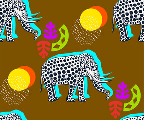 Vector background hand drawn exotic wild animals elephant. Hand drawn ink illustration. Modern ornamental decorative background. Vector pattern. Print for textile, cloth, wallpaper, scrapbooking