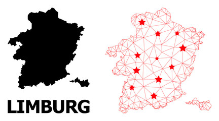 Wire frame polygonal and solid map of Limburg Province. Vector structure is created from map of Limburg Province with red stars. Abstract lines and stars are combined into map of Limburg Province.