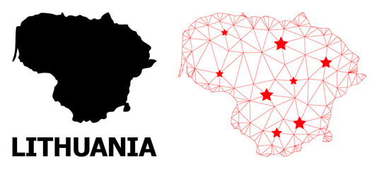 Network polygonal and solid map of Lithuania. Vector structure is created from map of Lithuania with red stars. Abstract lines and stars are combined into map of Lithuania.