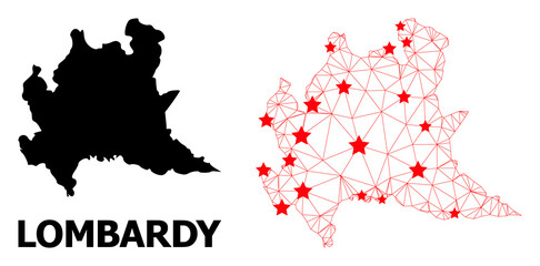 Wire frame polygonal and solid map of Lombardy region. Vector structure is created from map of Lombardy region with red stars. Abstract lines and stars form map of Lombardy region.