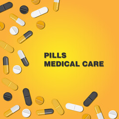 Background with pills and drugs medical concept yellow 