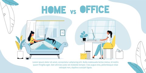 Fototapeta na wymiar Home vs office. Employee against freelancer. Freelance woman working online in living room sitting on soft couch. Female worker sitting in office at computer. Advantage disadvantage comparison poster