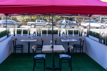New York / USA - October 3 2020: An empty outdoor restaurant in downtown Manhattan. Covid outdoor dining