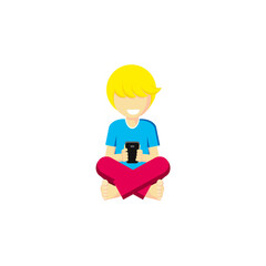 Vector Vektor Junge barfuß Haare blond sitzt im Schneidersitz spielt Handy Smartphone schaut lächelt lacht Freude Kind Kindheit Schüler Freizeit Hobby Game Spiel Icon Logo cyberspace 3D 