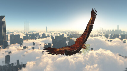 Obraz na płótnie Canvas Eagle flies above megapolis. 3D rendering