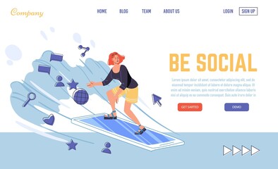 Woman surfing riding on cellphone as board diving into network. Web browsing, public access, networking via smartphone concept. Speed mobile internet. Be social landing page design template