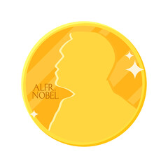 Golden Nobel medal in flat design. Vector illustration of stylized Nobel prize - award of the year. Abstract coin icon. Concept of winner - obrazy, fototapety, plakaty