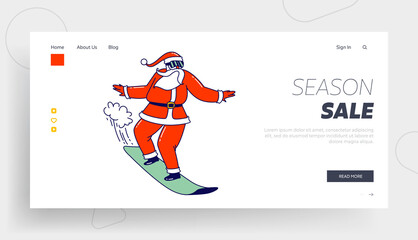 Santa Claus in Costume Perform Stunts on Snowboard Landing Page Template. Christmas Character Holidays Sports Activity