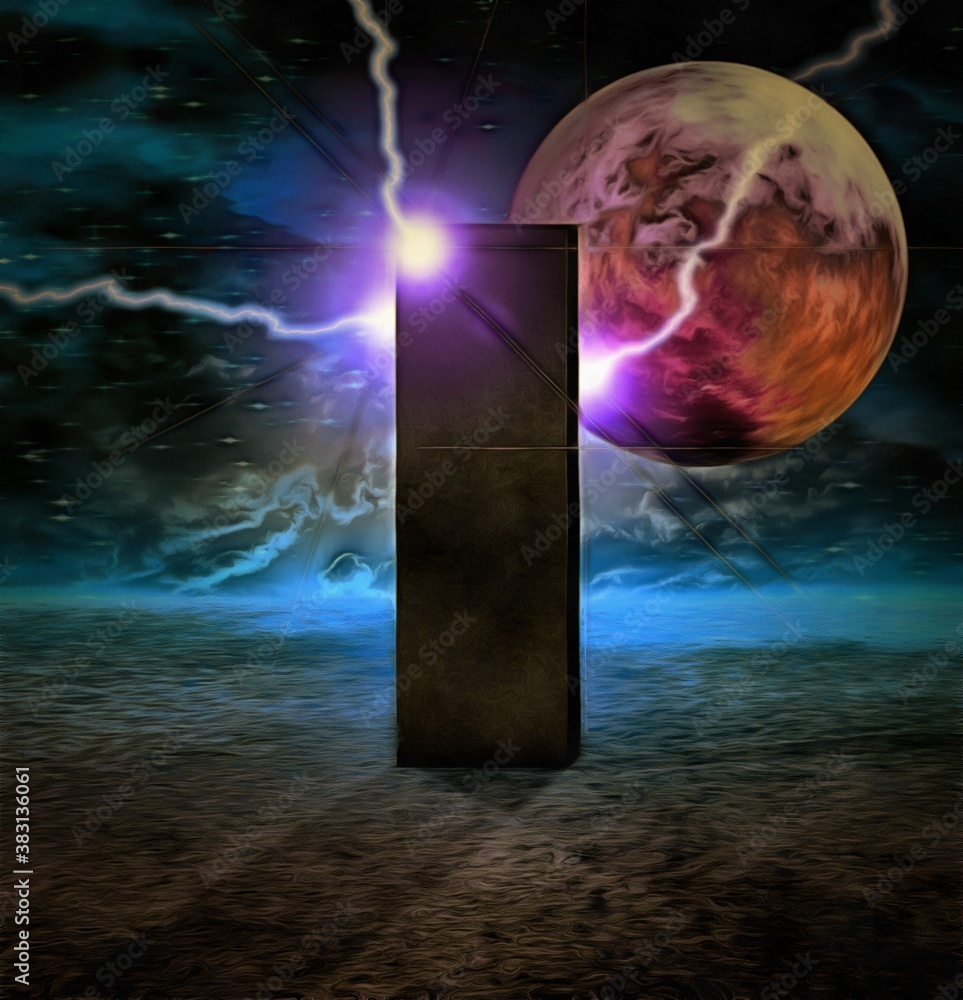 Poster retro sci-fi art. black monolith on the moon. 3d rendering