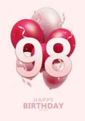 Happy 98th birthday with realistic red and rosegold balloons on light rose background. Set for Birthday, Anniversary, Celebration Party. Vector stock.