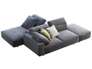 Modern dark blue modular fabric sofa with adjustable backrest. 3d render