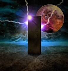 Retro sci-fi art. Black monolith on the Moon. 3D rendering