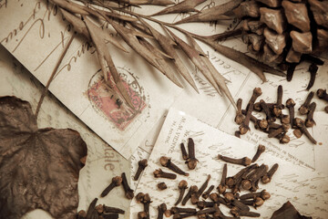 Flat Lay of autumn leaves, old letters and cookies