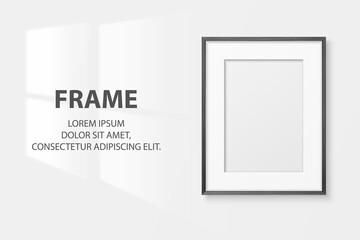 Vector 3d Realistic A4 Black Wooden Simple Modern Frame on a White Wall Background. It can be used for presentations. Design Template for Mockup, Front View