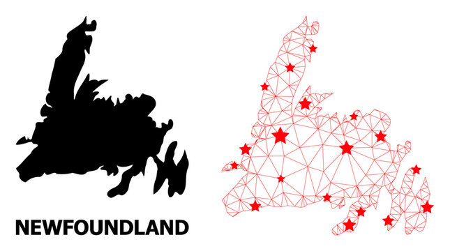 Wire frame polygonal and solid map of Newfoundland Island. Vector structure is created from map of Newfoundland Island with red stars. Abstract lines and stars form map of Newfoundland Island.