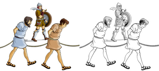 cartoon sketch scene with roman or greek ancient character warrior or gladiator on white background - illustration