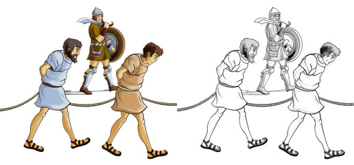cartoon sketch scene with roman or greek ancient character warrior or gladiator on white background - illustration