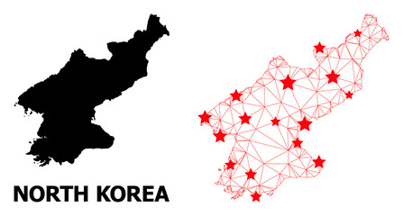 2D polygonal and solid map of North Korea. Vector model is created from map of North Korea with red stars. Abstract lines and stars are combined into map of North Korea.