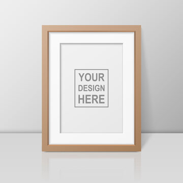 Vector 3d Realistic A4 Brown Wooden Simple Modern Frame on a Glossy White Shelf or Table with Reflection Against a White Wall. It can be used for presentations. Design Template for Mockup, Front View