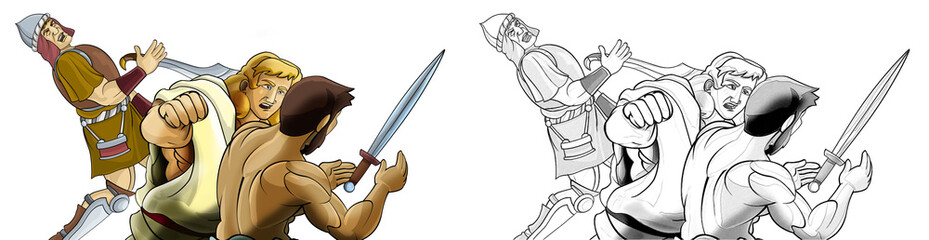 cartoon sketch scene with roman or greek ancient character warrior or gladiator on white background - illustration