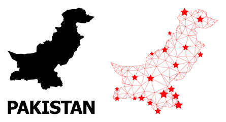 Obraz premium Carcass polygonal and solid map of Pakistan. Vector structure is created from map of Pakistan with red stars. Abstract lines and stars are combined into map of Pakistan.