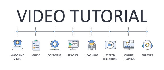 Banner video tutorial. Vector set of line icons editable stroke. Software screen recording teacher online training support. Learning lesson watching video guide